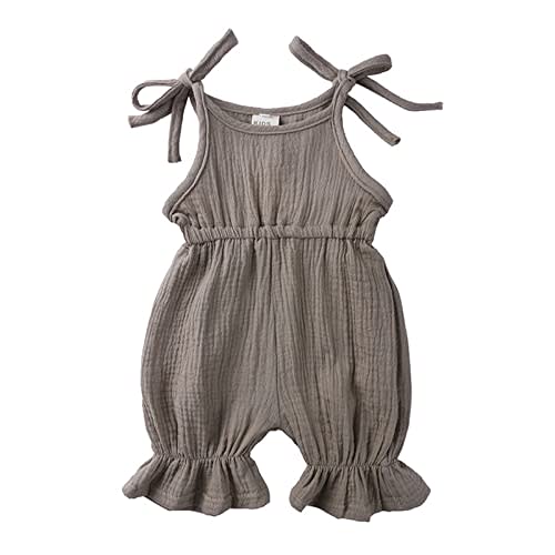 ikevan Baby Girls Cotton Linen Onesie Spaghetti Strap Newborn Sleeveless Plain Jumpsuit Ruffle Bubble Pants Soft