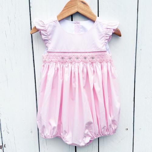 Smocked Pink Bubble Romper Heirloom Hand Smocking Baby Girl Shower Gift Portrait Outfit Birthday Party Church Wedding Special Occasion Smock