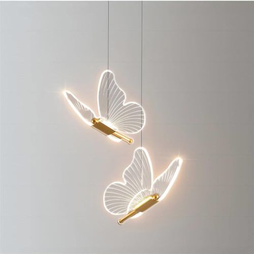 2 Lights Butterfly Gold Pendant Light, 13.8 Inch LED Acrylic Hanging Lamp for Bedroom, Living Room, Kitchen Island (Gold, Butterfly)