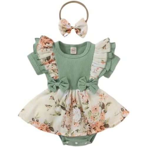 Newborn Baby Girl Romper Dresses Clothes Set Short Sleeve Floral Ruffle Bow Overall Bodysuit Onesie Floral Skirt Hem Outfit