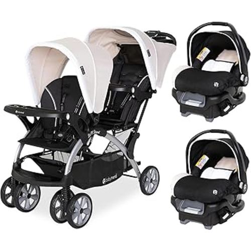 Baby Trend Infant and Toddler Double Stroller & 2 Car Seat Combo, 3 Pc Set, Khaki - Portable and Lightweight Stroller Duo and Car Seat Travel System Tandem