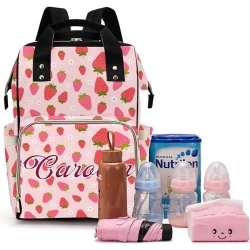 Custom Diaper Bag with Name Personalized Multifunctional Mommy Backpack for Shoulders Outdoor Backpack for Newborn Baby Thermal Pockets Nursing Bags （Strawberry 3）