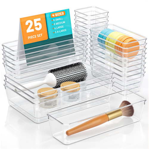 GPED 25 PCS Clear Plastic Drawer Organizer Set, 4 Sizes Desk Organizer , Bathroom Organizers and Storage Bins for Makeup, Jewelry, Gadgets for Kitchen, Bedroom, Bathroom, Office