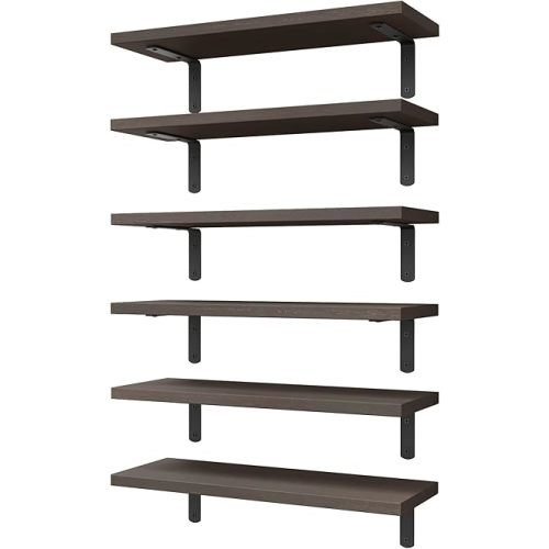 WOPITUES Wood Floating Shelves Set of 6, Shelves for Wall Decor, Farmhouse Shelf for Bedroom, Bathroom Storage Shelves, Book Shelves for Living Room, Dark Brown