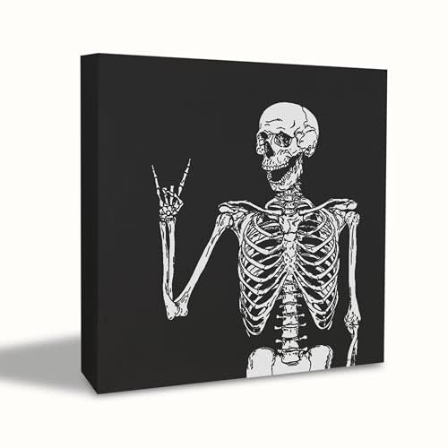 KEUSPI Funny Skull Decor Halloween Desk Wooden Sign,Funny Halloween Gothic Skull Skeleton Sign, Spooky Skeleton Gifts for Women,Black Gothic Decorative for Bedroom Home 5x5 inch