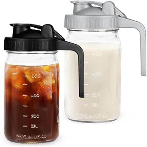Breast Milk Pitcher Mason Jar - 2Pack Easy Pouring 32oz Airtight Glass Jar with Pour Spout Lid, Classic Wide Mouth Jug Easy to Clean, Ideal for Coffee & Creamer, Iced & Sun Tea, Juices