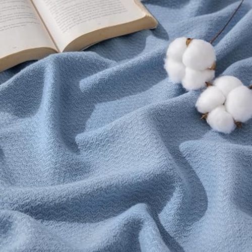 Bedsure 100% Cotton Blanket, Herringbone Weave, Twin XL, Ashley Blue