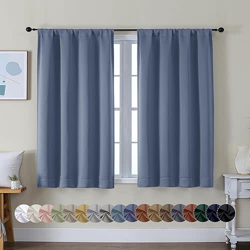 Simplebrand Ava Denim Blue Short Blackout Curtains for Bedroom 45 Inches Long 2 Panels Set, Solid Thermal Insulated, Energy Saving Window Treatment Curtains Blackout Drapes, W40 x L45 Inch, Denim Blue