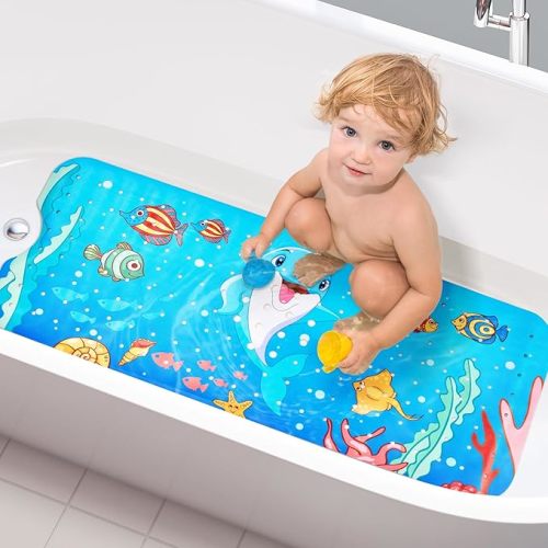 Vannokor Baby Bath Mat for Tub Non Slip Kids, 40 X 16 Inch Extra Long Bathtub Mat with Drain Holes and Suction Cups, Anti Slip Shower Mat Machine Washable, Dolphin