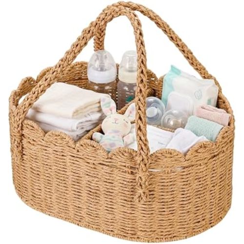 Woven Diaper Caddy for Baby, Paper Rope Storage Bin with Removable Divider, Baby Stuff Organizer for Nursery, Portable Car Storage Basket for Diapers, Baby Shower Gifts, Newborn Essentials Must Haves