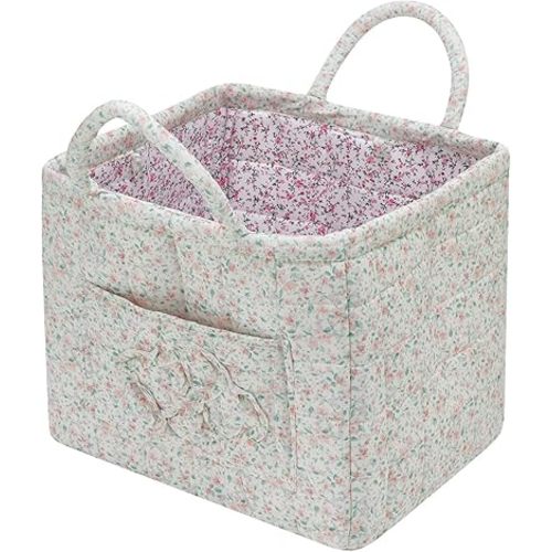 Quilted Fabric Storage Basket with Handles & Pocket, Foldable Laundry Hamper Boho Floral Print Organizer Bin for Home, Picnic, Office 12"x10"x10" (A-1)