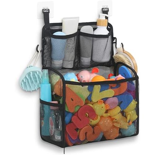 Goowin Bath Toy Storage Holder, Large Openings Bath Toy Organizer, Large Capacity Mesh Bathtub Toy Storage, Multi Use Bath Tub Toy Holder for Bathroom (Black)