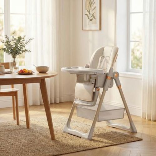 JVNOXK Adjustable High Chair (6months to 6years) Portable infant feeding seat with safety harness, quiet lockable wheels, and easy-clean designWhite