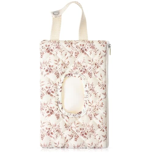 1 Pcs Quilted Diaper and Wipes Pouch Portable Hanging Floral Wet Wipe Bag Diaper Bag Reusable Wipes Pouch for for Stroller Car Travel Infant Diapering Organizer (Beige Floral)