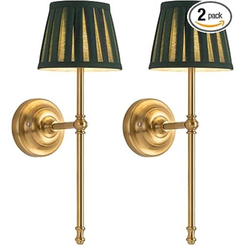 KDG Gold Cordless Wall Sconces Set of 2, Green Fabric LED Wall Lamps | Wireless Small Rechargeable Battery, Portable Lighting for Wall Painting, Living Room, Bedroom, Hallway, Gifts, Night Light