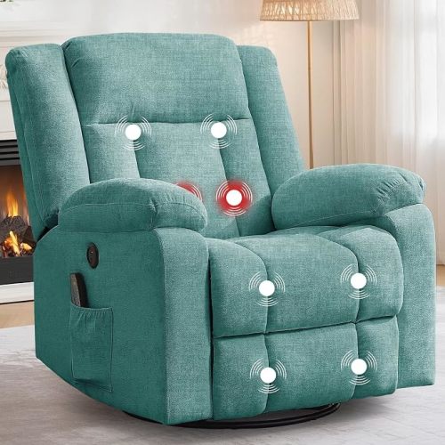 Korser Rocker Recliner, Glider Recliner Chairs for Adults, 360° Swivel Rocking Chair with Massage and Heating, Nursery Chair with Storage and USB Charging, Walnut Brown, Swivel Rocker Recliner