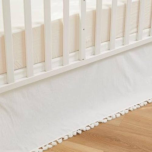 Brandream Boho Bohemian Girl Boy Baby Nursery Crib Bed Skirt Dust Ruffle - Neutral Solid Color Cream Off White Farmhouse Chic 100% Washed Cotton Minimalist Tassel Fringe Macrame