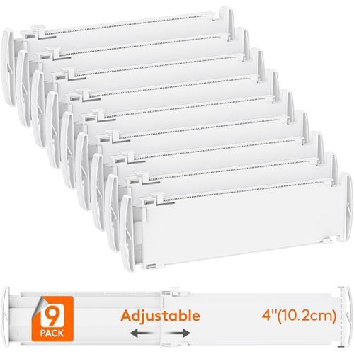 Lifewit 4" Tall 9 Pack Drawer Dividers, 35-56.5cm/13.8-22.2" Expandable Drawer Divider for Clothes, Adjustable Dresser Drawer Organizers, Drawers Separators for Dresser/Bathroom/Closet/Kitchen White