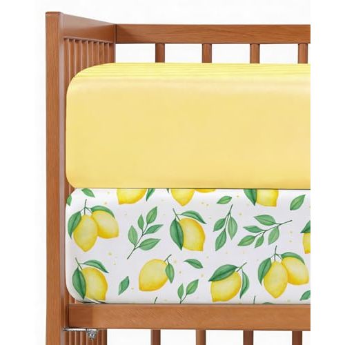 Baby Crib Sheets for Boys & Girls - Pack of 2 Fitted Microfiber Crib Sheets for Standard Crib & Toddler Mattress - Soft, Breathable and Wrinkle Free - Machine Washable - Oeko Tex - 52x28x8in - Lemons