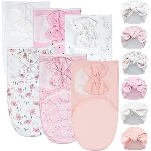 Ramede 6 Pack Swaddle Blanket with Hats Swaddle Outfit for 0-3 Months Newborn Sacks Soft Cotton Wearable Baby Shower Gifts for Girl and Boy