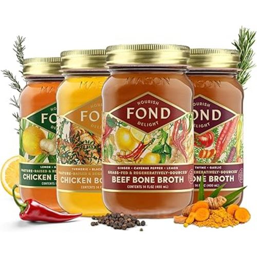 FOND Regenerative Grass Fed Beef Bone Broth & Pasture-Raised Chicken Bone Broth – Slow-Simmered Beef and Chicken Stock for Rich Flavor, Nutrient-Dense, Artisan Quality – Variety Pack, 14 oz (4-Pack)