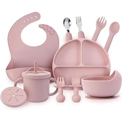 Baby Feeding Set, 13PCS Silicone Baby Self Feeding Set, Toddler Led Weaning Utensils Set with Suction Bowl and Plate, 3 Set of Baby Spoon and Fork, Adjustable Bid, Sippy Cup with Straw and 2 Lids