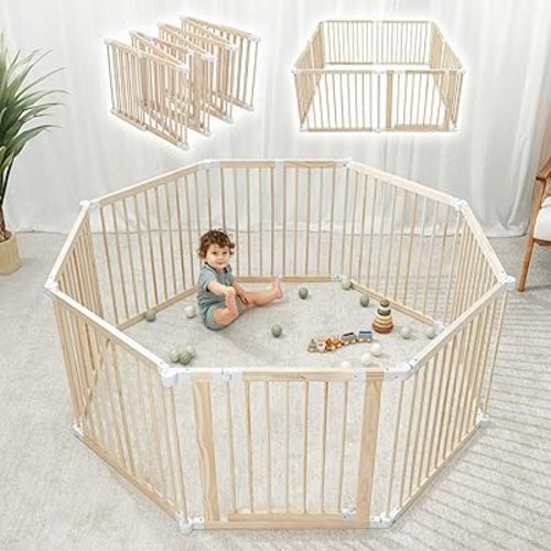Comfy Cubs Baby Gate Playpen - 57 x 57 x 25 in, Extends Up to 228” - Pine Wood Foldable Playpen with Child-Proof Lock - Easy Assembly Baby Fence Play Area for Babies & Toddlers - Light Wood White