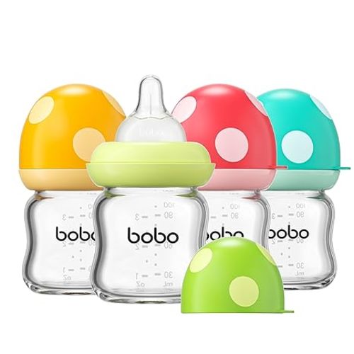 YOHKOH Natural Glass Baby Bottle with Level 1 Slow Flow Nipple, Newborn Anti-Colic Baby Bottles, Wide Neck Mushroom Baby Glass Bottle (Multicolour-A, 3.4oz (Pack of 4))