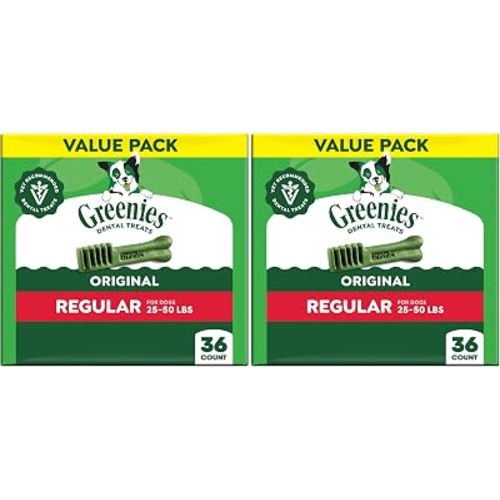 Greenies Veterinarian-Recommended Adult Natural Dental Dog Treats Regular Size, Dog Dental Chews, Original Flavor, 36 oz. Pack, 36 Count (Pack of 2)
