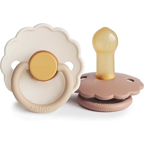 FRIGG Daisy Natural Rubber Baby Pacifier | Made in Denmark | BPA-Free (Chamomile/Peach Bronze, 6-18 Months) 2-Pack