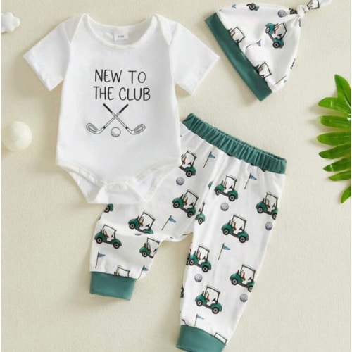 Baby Boy Golf Outfit Letter Short Sleeve Romper Pants And Knotted Hat 3 Piece Summer Set