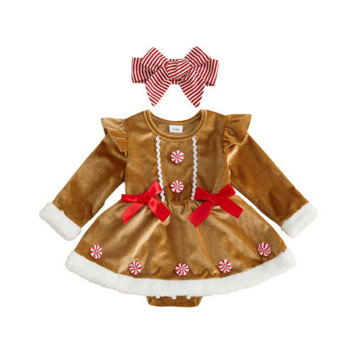 GINGERBREAD GIRL Long-Sleeve Bowtie Romper - Hazel & Bo