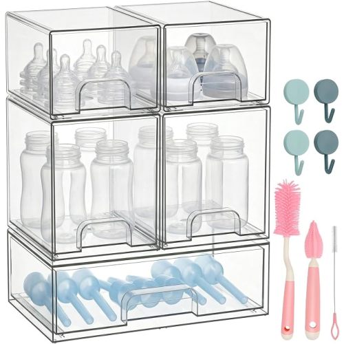 POLRAI 5 Pack Baby Bottle Organizer Stackable Storage Bins with Brush and Hooks for Baby Bottles, Beauty Supplies, Ideal for Kitchen Countertop, Bathroom, Pantry, Cabinet Organization