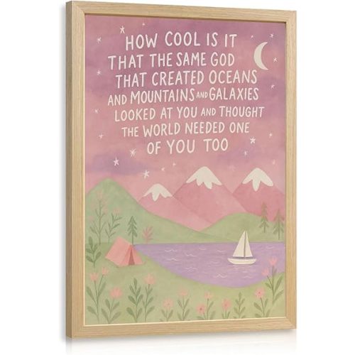 Clicyre Christian Inspirational Quote Wall Art, God Scripture Nursery Canvas Print, Pink Boho Night Mountain Wall Decor, Same God Creation Artwork for Baby Girl Room Bedroom Dorm Wood Framed 12x16 Inch