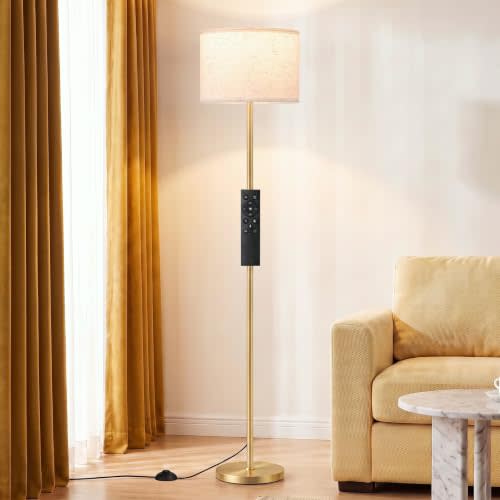 Dimmable Floor Lamp with Remote & 9W LED Bulb | Stepless 10-100% Dimming & 3000K-6000K, Memory functions,Beige Shade Gold Pole, Tall Floor Lamp for Your Cozy Corner
