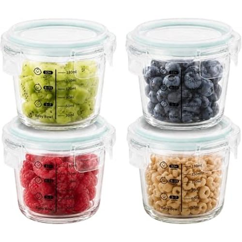 SosekiBaby 4 Pack 7oz Glass Baby Food Storage Containers,Leak-Proof