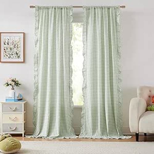 ZJDECOR Buffalo Plaid Ruffled Curtains 84 Inches Length,Rustic Not-See-Through Sheer Curtains,Shabby Chic Window Treatment for Bedroom Living Room,Sage Green and White,Rod Pocket,40" Wx84 L,Pack of 2