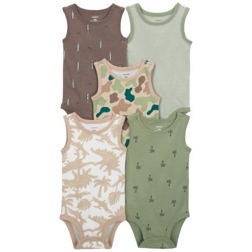 Baby 5-Pack Dinosaur Sleeveless Bodysuits - Style,Green/Brown