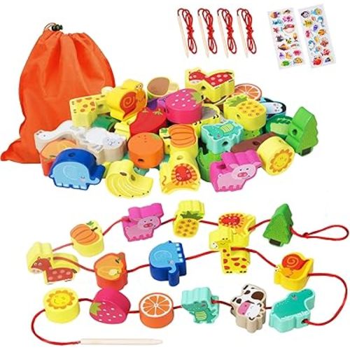 Montessori Educational Wooden Lacing Beads Toys for Toddler 3 4 5 Year Old, Farm Animals Fruits Vegetables Threading Toys Preschool Stringing Fine Motor Skills Toy for Boys Girls [with 3D Stickers]