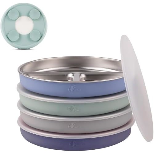 Elk and Friends Stainless Steel Divided Plates with Silicone Sleeve for Babies & Toddlers | Lids Included | Stay Put Suction | Dinner & Snack Plates | 4 Pack