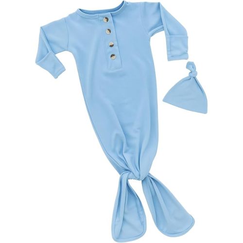 Stroller Society Newborn Knotted Baby Gown and Hat Set for Baby Boy or Baby Girl