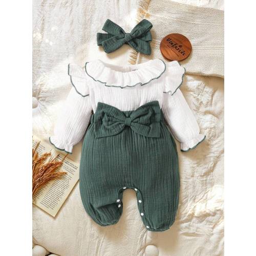 SHEIN Vintaside Kids Infant Baby Girls' White Layered Ruffle Collar Long Sleeve Patchwork Green Bow Jumpsuit With Detachable Pants And Headband, Suitable For Spring, Summer, Autumn And Winter, Minimalist And Cute For Indoor And Outdoor Wear | SHEIN USA