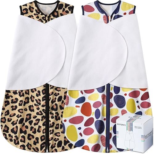 Newborn Sleep Sack Baby Swaddle,3-Way Adjustable Wearable Blanket,100% Rayon Cotton Swaddling Sleeping Bag，TOG 0.5 (Leopard & Cobble, 3-6 Months)