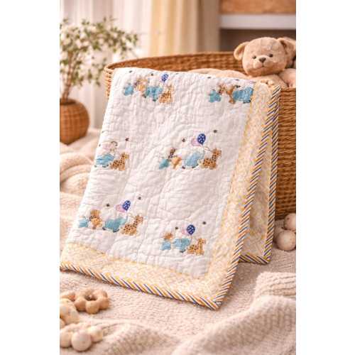 Soft Quilted Cotton Baby Blanket - 100% Cotton Block Print Quilt - Lightweight Breathable Nursery Blanket