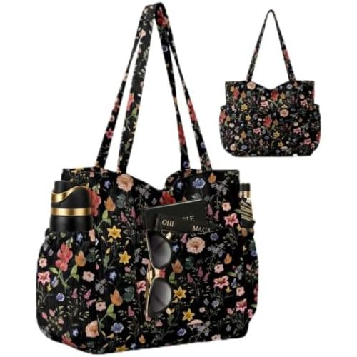 Corduroy Tote Bag for Women,Large Capacity Cute Tote Bags With 6 Pockets,Crossbody Shoulder Handbag for Work Travel Gym
