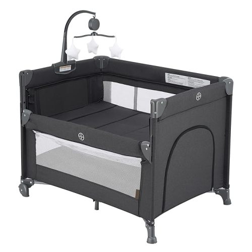 2-in-1 Pack and Play with Mattress,Baby Bassinet Bedside Sleeper, Bedside Bassinet & Baby Playpen, Easy Folding Portable Crib for Newborn to Toddlers (Dark Grey)