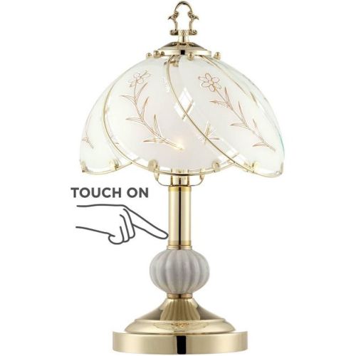 Regency Hill Traditional Accent Table Lamp 15" High Polished Brass Floral Etched Glass Shade Touch On Off for Bedroom Bedside