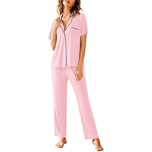 Avidlove Women Pajamas Set Notch Collar Soft Sleepwear Pjs Short Sleeve Button Down Nightwear with Long Pants