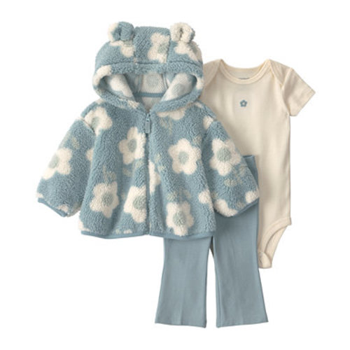 Baby Girls' Floral Teddy Fleece Long-Sleeve Cardigan, Bodysuit and Pants, 3-Piece Set