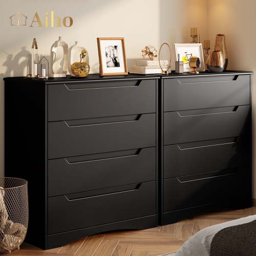 Aiho Dresser with 4 Drawers, Wood Tall Chest, Built-in Handle Drawers for Bedroom, Home, Living Room, Hallway - Black